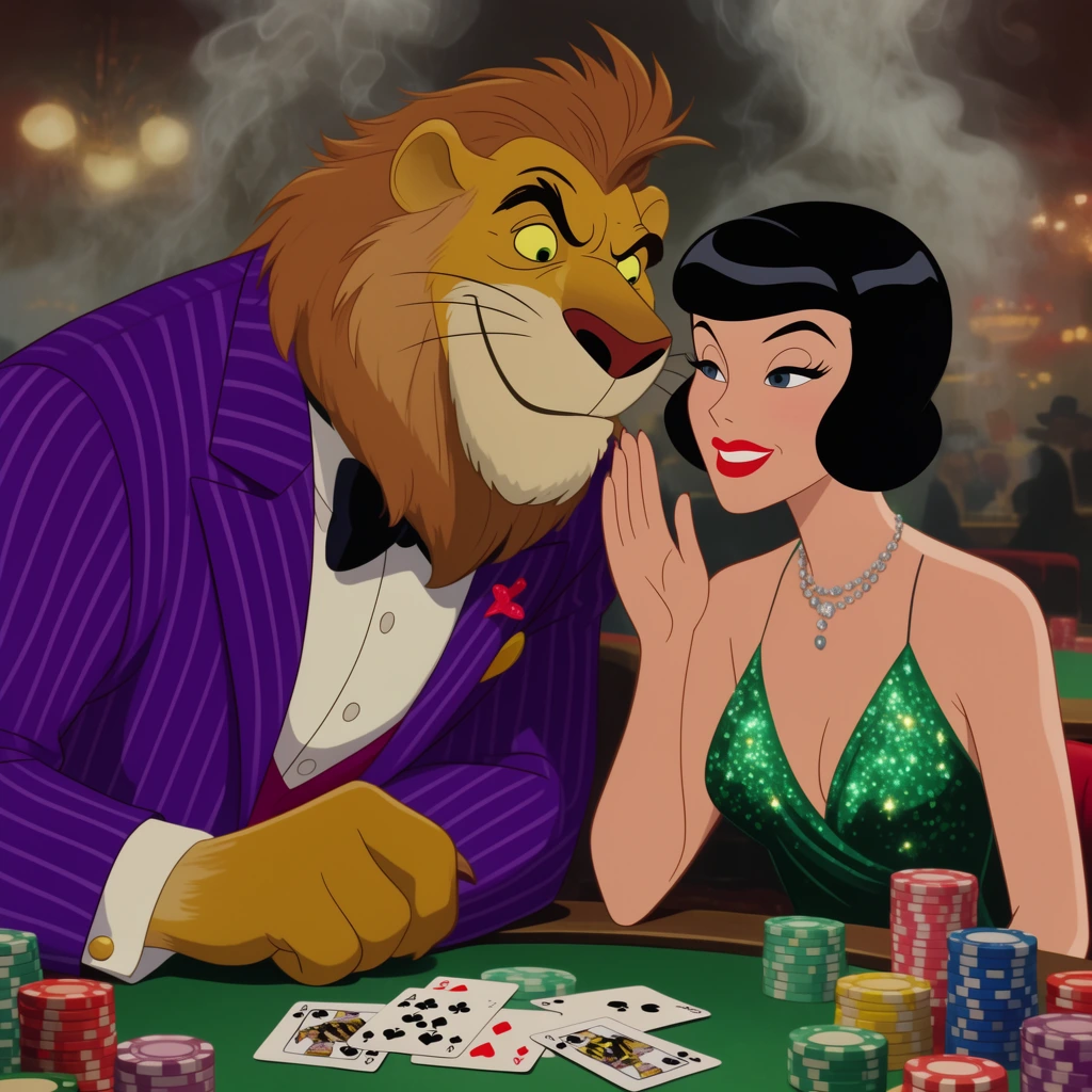 anthropomorphic lion in a flamboyant purple pinstripe suit leaning over a poker table, whispering to a human woman with a sleek black bob and sparkling emerald green gown, scattered playing cards, colorful casino chips, smoky vintage casino background, classic 1940s cel-shaded animation style, exaggerated expressions