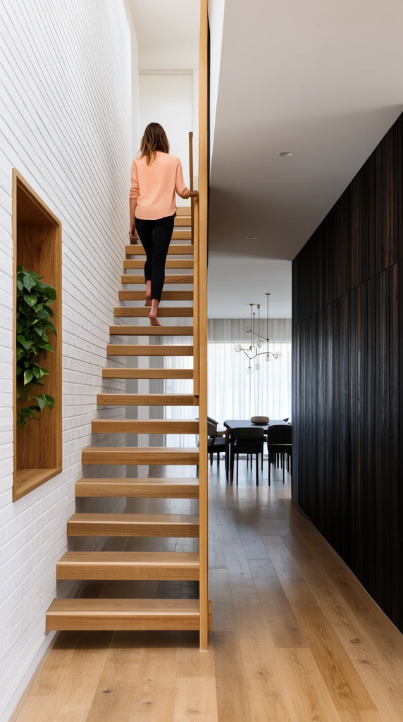 A barefoot woman in a peach shirt ascends a modern open-riser wooden staircase. The architectural interior contrasts a white textured brick wall featuring a wooden plant alcove against a dark vertical-slatted wood wall. A bright hallway beneath the stairs extends into a dining room with sheer curtains and modern pendant lighting. Photographed with a sharp one-point perspective.