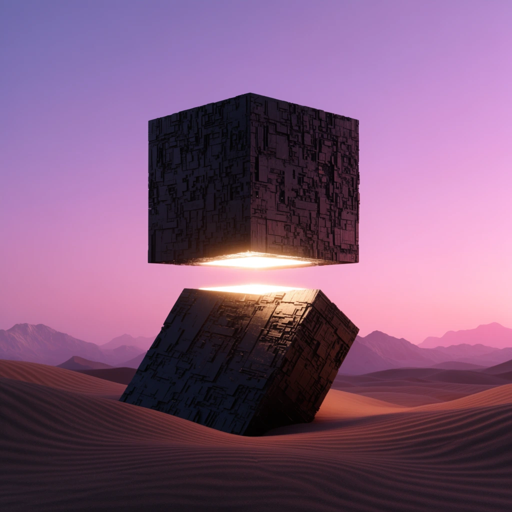 Split dark monolith with greeble patterns, glowing light between leaning base and hovering cubic top, rippling sand dunes, distant mountains, gradient purple to pink sky, sci-fi 3D render