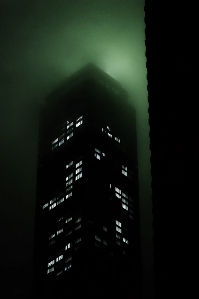 A towering monolithic skyscraper is enveloped in thick, glowing acid-green fog at night. The central building emerges as a massive pitch-black silhouette, punctuated by scattered rectangular windows emitting a stark, cold white light. These illuminated panes form irregular geometric grid patterns across the dark facade. To the right, a second architectural structure stands completely unlit, creating a solid black vertical void that heavily frames the composition. The roofline of the central tower vanishes into the dense, luminous haze. The cinematic neo-noir architectural photography relies on extreme low-key lighting, high contrast, and a moody palette of deep emerald, pitch black, and stark white.