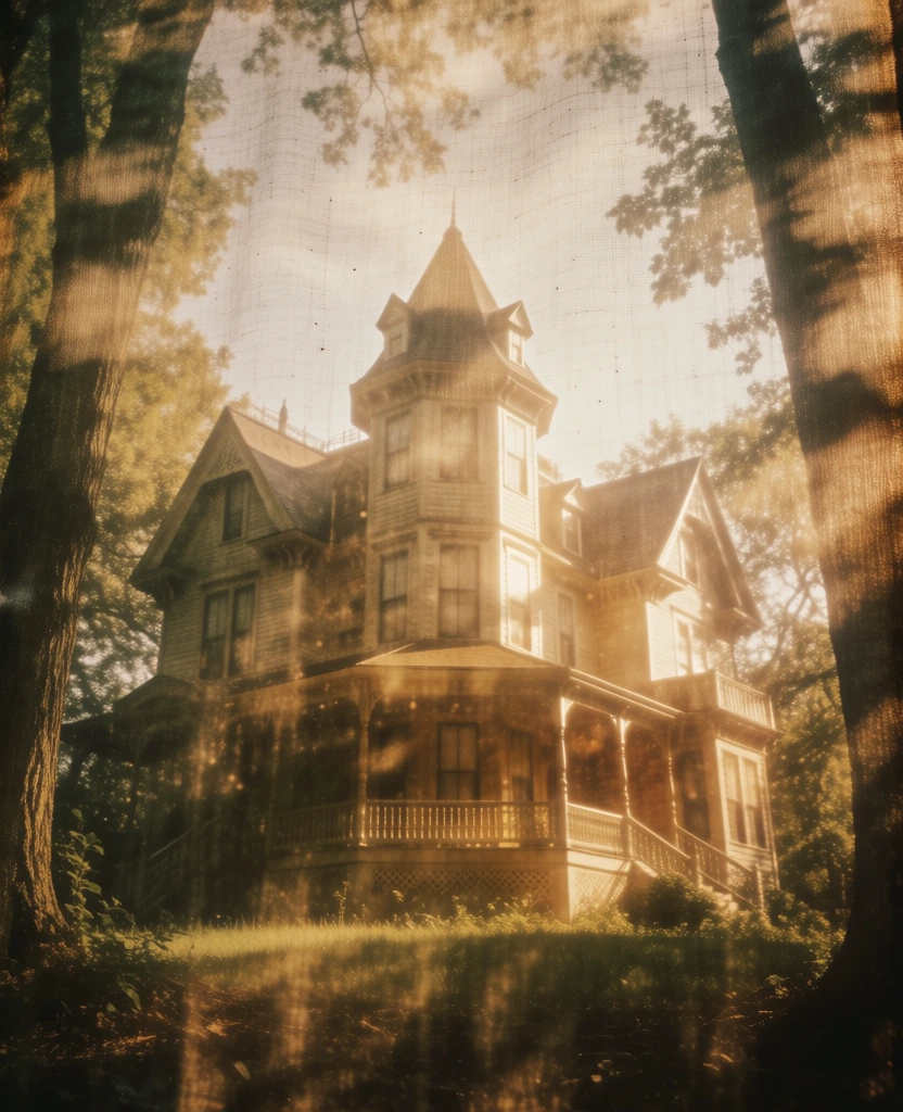 a cinematic victorian house with a central octagonal tower silhouetted through a translucent coarse linen fabric, backlit by warm golden hour light, sepia and amber color palette, vintage 35mm film grain, dark textured tree trunks framing the composition, soft ethereal glow, dreamlike and nostalgic atmosphere, dappled sunlight, grainy organic texture, architectural shadow play, muted earthy tones, low-contrast hazy finish.