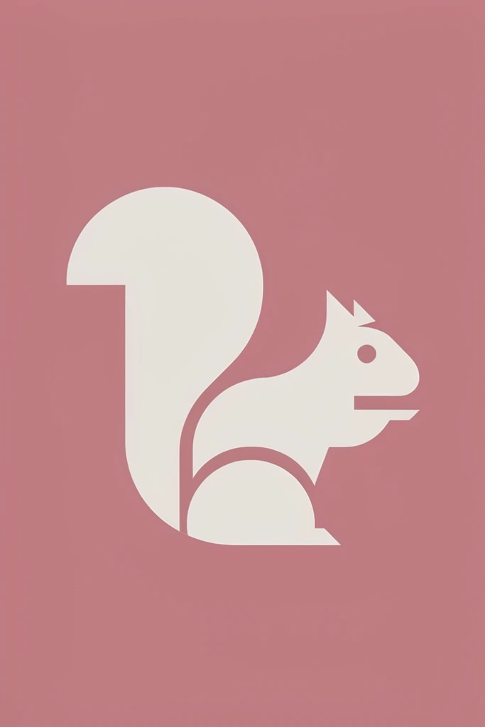 minimalist geometric squirrel silhouette facing right, composed of flat off-white semicircles and sharp angles, large teardrop tail, solid dusty rose background, crisp vector art, negative space defining the form, modern flat graphic design