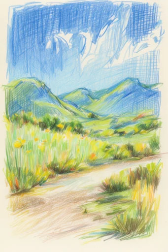 Vibrant Naive Sketchbook style reference image — saturated fauvist landscape