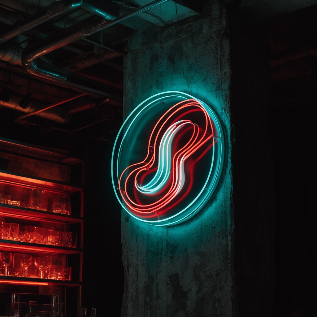 glowing teal and red circular neon sign with an abstract design on a raw concrete pillar, dimly lit industrial room, exposed ceiling pipes, adjacent shelving in warm red light, pitch black shadows, moody cinematic contrast