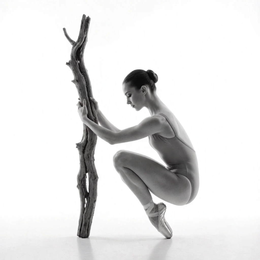 female ballet dancer in a deep crouch balancing on a single pointe shoe, gripping a tall gnarled piece of vertical driftwood, wearing a sleek leotard, hair in a tight bun, pure white studio background, smooth reflective floor, black and white fine art photography, high-key studio lighting, subtle edge glow, minimalist composition, contrasting smooth anatomy against rough organic wood texture