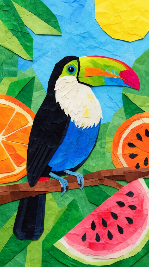 A tactile cut-paper collage of a vivid toucan with a multicolored beak and blue belly perched on a brown branch. Oversized, stylized slices of an orange and watermelon dotted with black seeds flank the bird. The vibrant background features wrinkled, geometric paper shapes forming green leaves, a yellow sun, and blue sky, with visible seams and overlapping layers highlighting the dimensional, handmade medium.