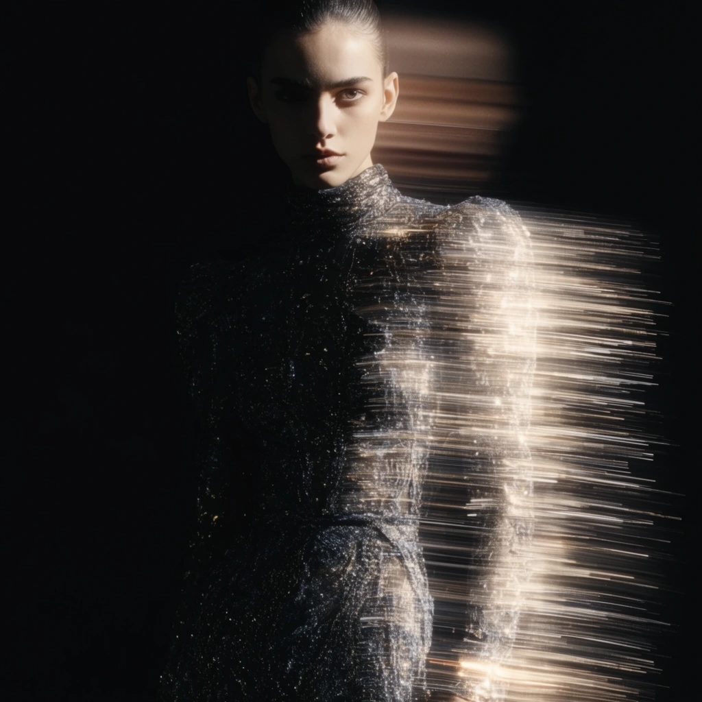 A female model in a shimmering dark gown stands in pitch-black shadow. Her sharply lit face gazes forward while intense horizontal motion blur dissolves the right side of her body into bright streaks of light. Avant-garde fashion photography featuring dramatic contrast and deep shadows.