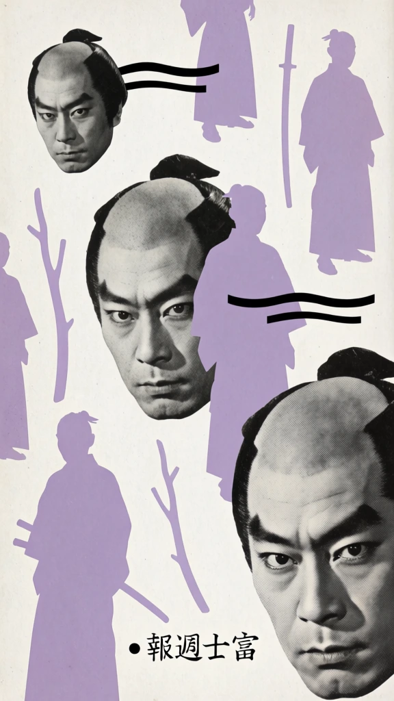 This collage-style graphic features multiple monochrome photographic portraits and lavender-colored silhouettes arranged across a textured, off-white background. The primary subject is a man with a traditional Japanese hairstyle, a chonmage, characterized by a shaved pate and a small bun at the top-back. His face, showing intense dark eyes and high-arched eyebrows, appears in three different sizes: a small version in the upper-left, a medium-sized one in the center partially overlaid by a silhouette, and a large version in the lower-right corner. Interspersed among these portraits are flat, lavender silhouettes of figures in traditional Japanese attire, such as kimonos or hakama, including one at the bottom-left that appears to have a katana at the hip. Additionally, thin, vertical lavender shapes resembling branches or sheathed swords are scattered throughout the composition. Two black, horizontal, wavy lines are positioned near the top-left and center portraits. At the bottom center, a small black dot precedes four black Japanese characters, "報週士富", rendered in a traditional serif-style font. The overall aesthetic is that of mid-century graphic design, utilizing a limited color palette of black, white, and lavender with a halftone texture on the photographic elements.