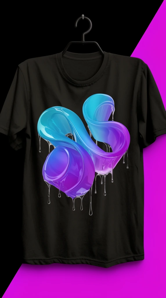 black t-shirt mockup displaying 3D glossy abstract ribbon shapes, dripping wet liquid effect, vibrant cyan to purple gradient, diagonal split black and magenta background