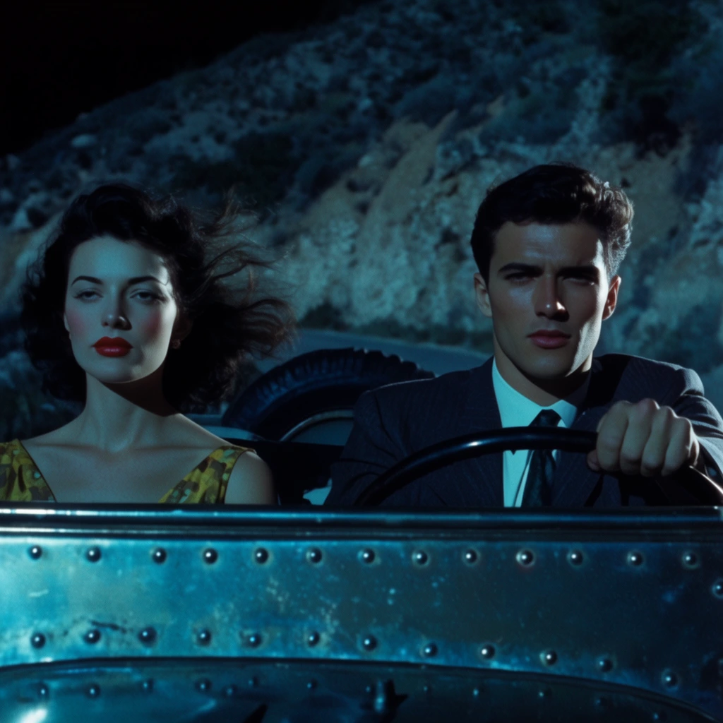 Man and woman in a vintage open vehicle at night, dramatic cyan cinematic lighting, driver gripping wheel, passenger with red lipstick and windblown dark hair, riveted metal dashboard, rocky hillside background, retro film aesthetic, high contrast