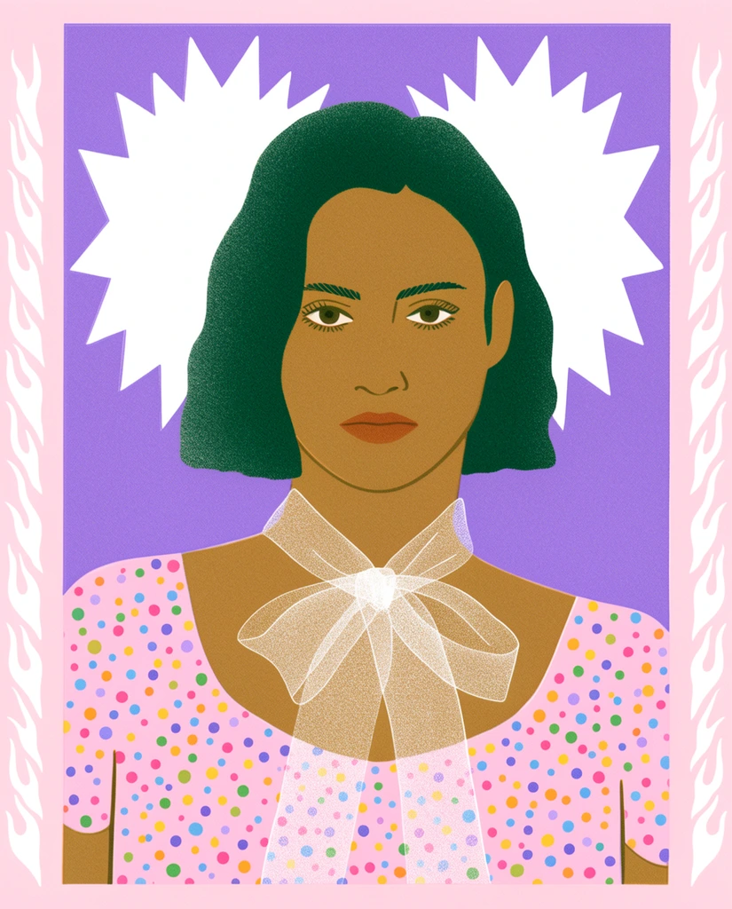 stylized stippled illustration of a woman with dark green hair and brown skin, pink dress with colorful polka dots, sheer white neck bow, risograph aesthetic, flat pastel colors, solid purple background with two large jagged white starbursts, framed by a light pink margin featuring stylized white flames on the sides, direct gaze, pop art portrait