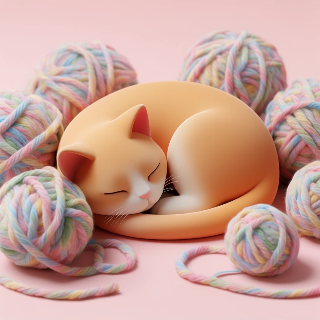 sleeping light orange cat curled in a tight circle, stylized 3D render, smooth matte texture, white muzzle, delicate whiskers, closed eyes, resting among balls of thick multicolored pastel yarn, textured twisted threads in mottled pink blue yellow and green, seamless baby pink background, soft studio lighting, subtle drop shadows, high angle perspective, pastel color palette