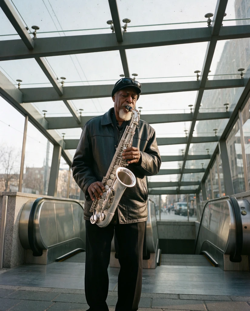 An elderly Black musician plays a gleaming silver saxophone beneath a modern glass and steel transit canopy. The man features a white goatee, wearing a dark leather jacket, black trousers, and a knit cap with sunglasses resting on top. He stands on gray paved tiles, hands actively working the instrument's keys. Behind him, metal escalators descend underground. The geometric overhead structure uses clear glass panels and heavy gray beams, revealing an overcast sky and a muted city street. The low-angle street photography composition features soft daytime lighting, subtle film grain, and a cool urban palette of grays, blacks, and silvers.