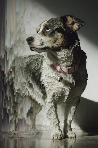 Cybernetic Glitch Surrealism style reference image — metallic disintegration