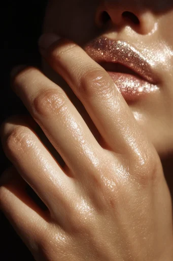 Prismatic Tactile Glamour style reference image — wet-look skin texture