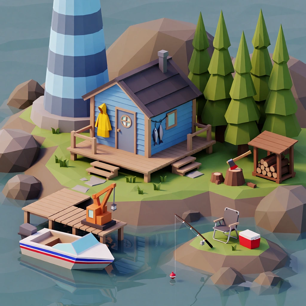 A low-poly 3D isometric illustration depicts a blue lakeside cabin and striped lighthouse nestled among stylized pine trees on a rocky shoreline. The central cabin features light blue horizontal siding, a dark grey gabled roof, and a wooden deck with several steps leading down to a patch of green grass. A bright yellow raincoat hangs on the wall beside a round-windowed door, while two fish hang from a line on the side of the porch. To the left, a tall, cylindrical lighthouse with alternating light and dark blue horizontal stripes rises behind the cabin. A wooden pier extends over the water, where a white motorboat with a red and blue racing stripe is docked near a small orange crane. On the right side of the scene, five tall, conical green trees stand behind a wood-cutting area containing a red axe embedded in a stump and a small wooden shelter for logs. A separate small rocky outcrop features a fishing setup consisting of a grey folding chair, a fishing rod cast into the water where a red bobber floats, and a red-and-white cooler. The terrain consists of faceted, low-poly brown and grey rocks and patches of green grass, all surrounded by calm, blue-grey water. The composition uses a high-angle isometric perspective with soft, diffuse lighting that creates gentle shadows across the muted color palette.