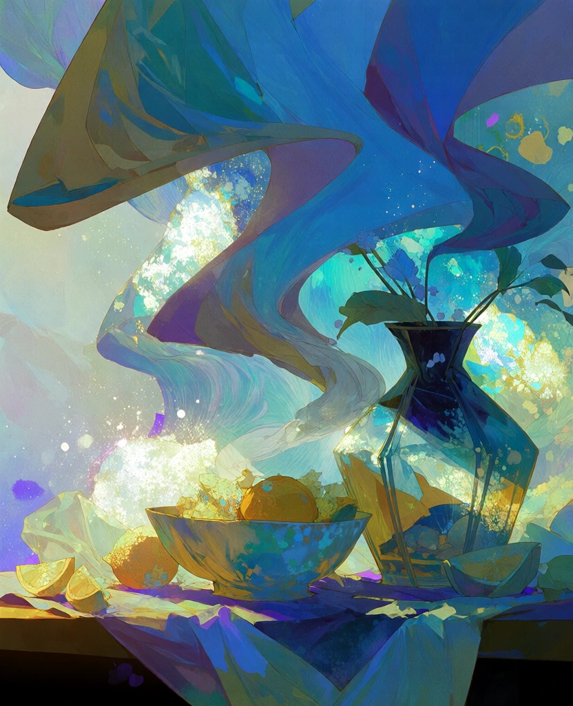 painterly digital art style with expressive brushstrokes, vibrant palette of deep lapis blue and turquoise against radiant golden oranges and ochre, still life of a glass vase and bowl of citrus, ethereal smoke swirling in fluid organic waves like sails, intense backlighting with opalescent translucent effects, glowing highlights and magical light particles, dynamic composition with swirling motion, dreamy ethereal atmosphere, textured layers, rich saturated colors