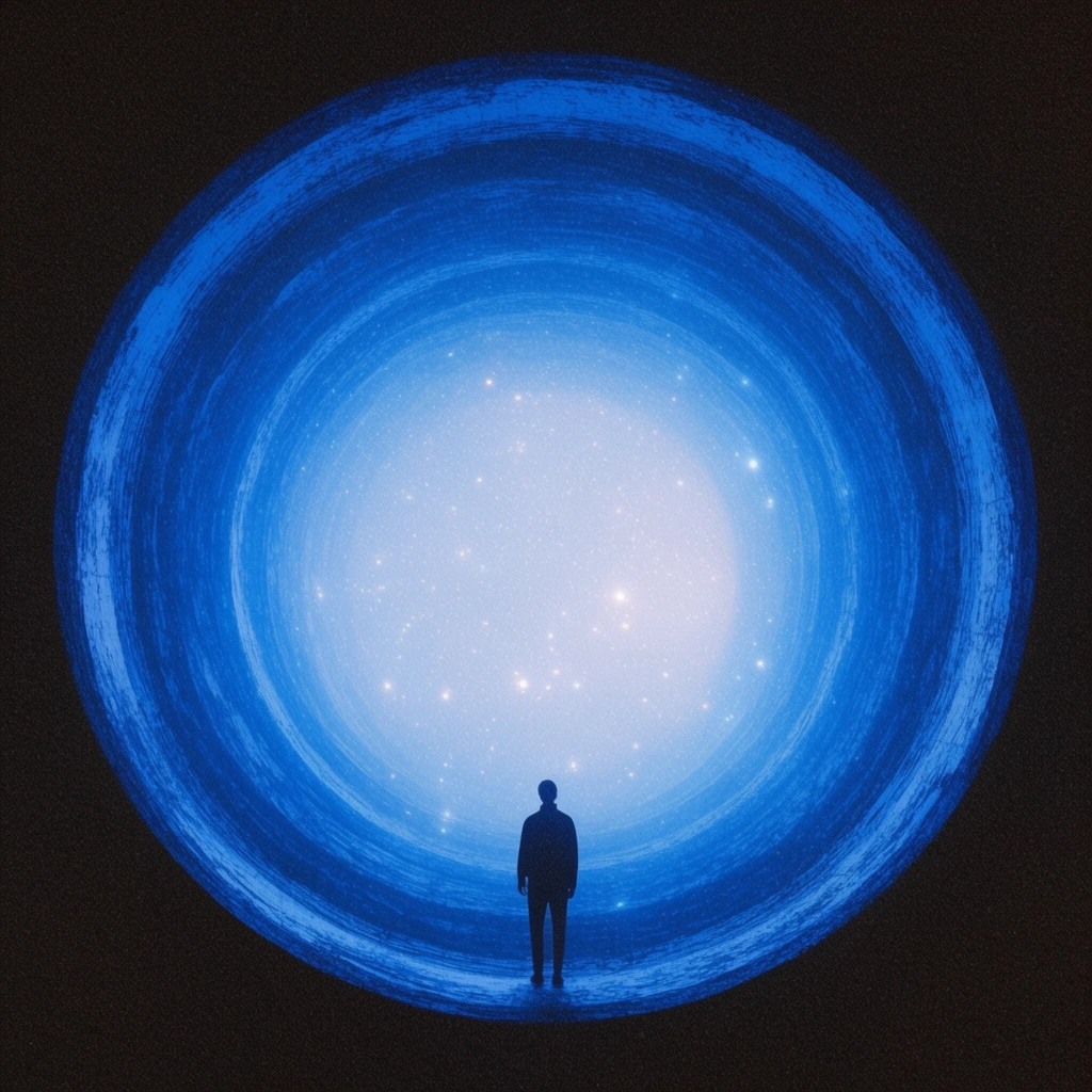 A tiny silhouetted figure stands at the base of a massive, glowing blue circular tunnel. Textured concentric rings recede into a luminous white center filled with drifting starlight. A stark black border contrasts with the vibrant azure vortex, emphasizing vast scale and surreal atmosphere through prominent granular film grain.