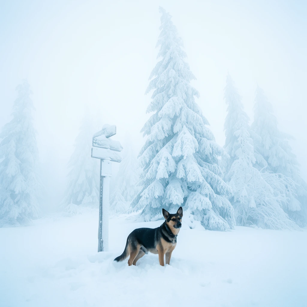 Black and tan dog in deep snow, snow-covered towering pine trees, thick whiteout fog, buried wooden signpost, high key lighting, pale blue tones, minimalist winter landscape