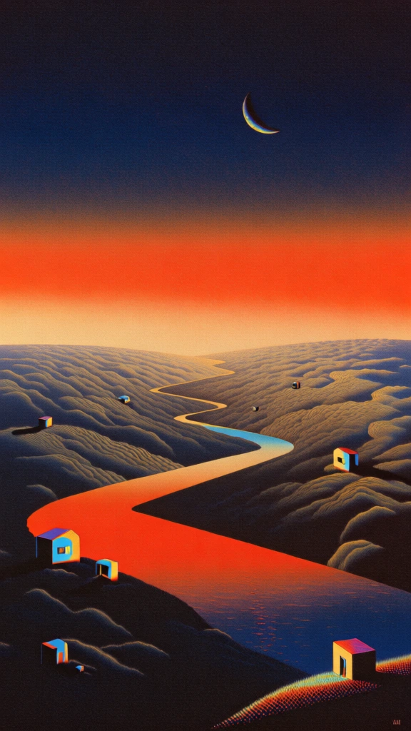 retro-surrealist airbrush illustration in the style of 1970s sci-fi paperback covers, winding river as a sharp neon ribbon, rolling hills rendered with velvet stippled textures and dramatic chiaroscuro shadows, tiny monolithic house cubes scattered across the landscape, deep indigo night sky with a thin crescent moon transitioning into a vibrant neon orange horizon, heavy film grain and analog halftone patterns, high-contrast graphic composition, melancholic dreamlike atmosphere