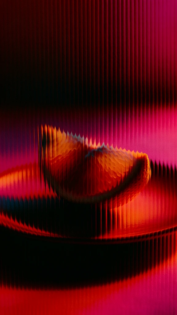 vertical reeded glass distortion, fluted glass refraction, a single orange wedge centered on a plain ceramic plate, sharp shadow cast to the left, high-contrast chiaroscuro lighting, saturated magenta background, warm amber and crimson key light, tactile film grain, analog photographic texture, deep noir shadows, vibrant chromatic saturation, vertical linear artifacts, ethereal blur, sharp highlight glints on citrus pulp