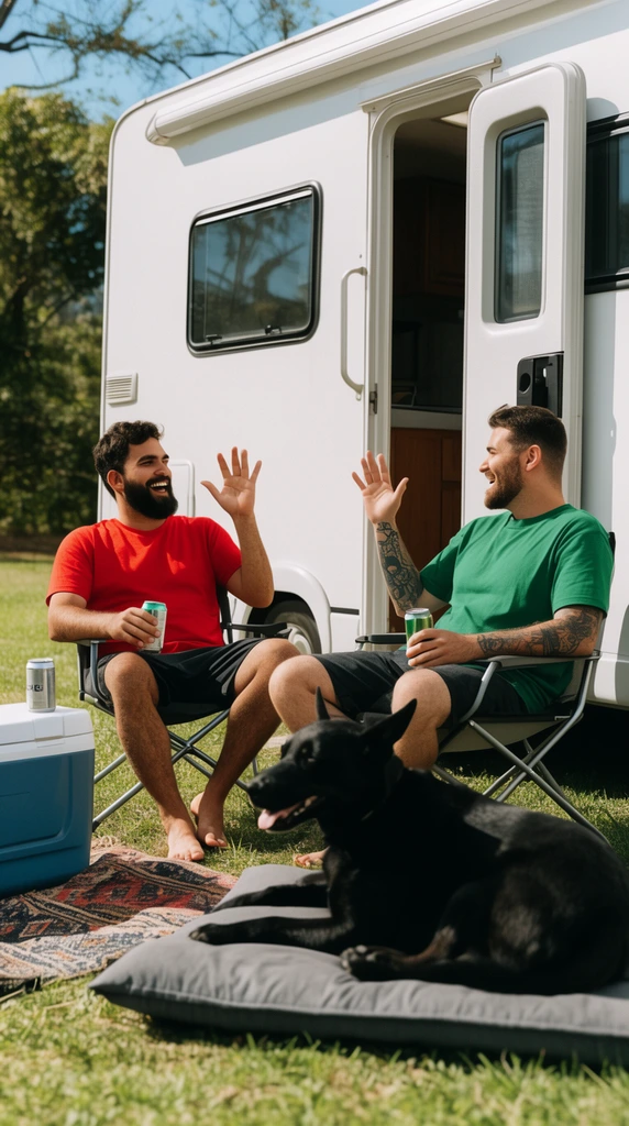 Two men sit outside a white RV in folding chairs, cheerfully raising their hands mid-conversation. The barefoot bearded man in red and the tattooed man in green hold beverage cans in bright sunlight. A black dog rests on a gray bed in the grassy foreground near a cooler and patterned rug. Candid lifestyle photography.