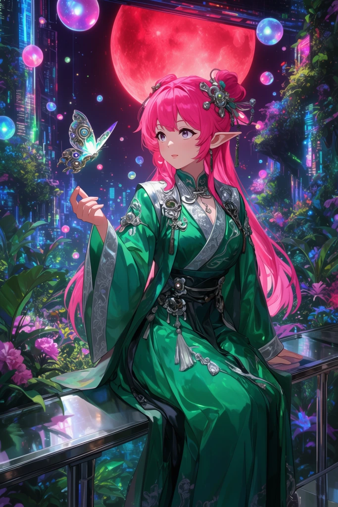 An anime-style young woman with vibrant pink hair and pointed elf ears wearing an emerald green and silver hanfu interacts with a glowing mechanical butterfly. She rests on a sleek metal balcony overlooking a luminous cyberpunk botanical garden. Floating neon orbs and a massive crimson moon illuminate the highly detailed digital illustration.