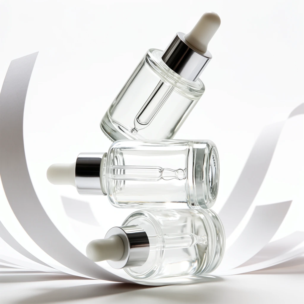 Three clear glass dropper bottles stacked together, sweeping curved white paper strips, bright studio lighting, pure white background, glossy reflections, product photography