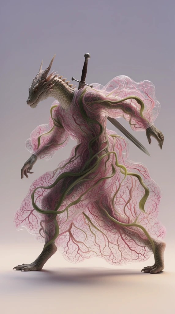 An anthropomorphic dragon with a sword strapped to its back strikes a fluid, dynamic pose, its body enveloped by a translucent, ethereal membrane of intricate botanical and anatomical structures. The scaled, humanoid dragon stands with limbs gracefully extended in mid-motion, carrying a long sword securely fastened across its back with the hilt protruding over its shoulder. Swirling around and fusing with the dragon's silhouette is a sheer, floating organic formation resembling a weightless, diaphanous garment. This translucent layer is densely patterned with hyper-detailed, fractal-like capillary networks in shades of dusty rose and magenta. Smooth, olive-green tendrils resembling thick, winding plant stems snake dynamically across the creature's form, weaving in and out of the pink, veiny membrane. The figure is perfectly centered in a minimalist studio environment against a seamless background that transitions in a smooth gradient from a cool, soft lavender-grey at the top down to a warm, pale beige on the floor. A faint, soft shadow anchors the dragon to the ground. The scene is illuminated by soft, highly diffused studio lighting characteristic of high-end fashion editorial photography. The aesthetic merges photorealistic 3D character rendering with surreal, delicate scientific illustration, emphasizing the stark contrast between the solid reptilian textures, the rigid weapon, and the gossamer, weightless linework of the surrounding organic elements.