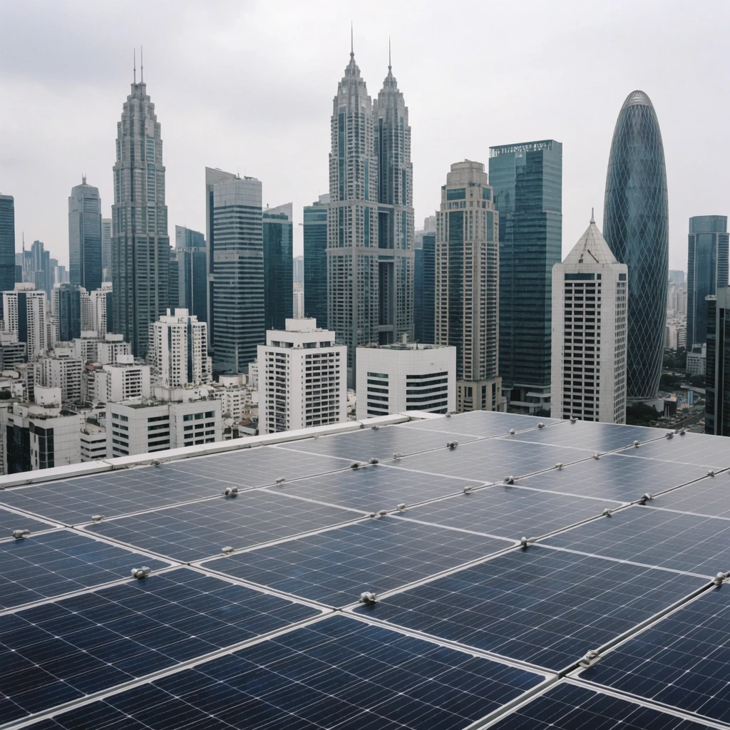 A sprawling array of dark blue solar panels dominates the foreground, overlooking a dense metropolis of towering skyscrapers. The rooftop installation features repeating rows of photovoltaic cells intersected by crisp white grid lines and small cylindrical metal brackets. Beyond the roof, the cityscape expands into a congested mix of low-rise white commercial blocks and colossal high-rises. Distinct architectural forms include a tall tiered spire, a twin-tower complex, and a curved elliptical building with a crisscross facade. The photograph utilizes a deep depth of field beneath an overcast, pale grey sky, emphasizing a muted, cool color palette of concrete grays, steel blues, and stark whites under flat, diffused lighting.
