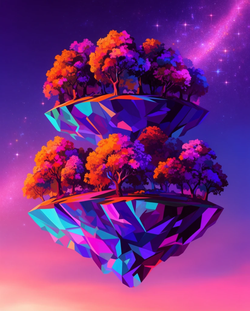 Two stacked floating islands covered in vibrant trees hover in a starry, glowing sky, rendered in a highly saturated, geometric digital illustration style. The primary island floats directly beneath the second, both featuring sharp, faceted, crystalline rocky undersides constructed from intersecting polygonal planes. These jagged geometric bases reflect a striking palette of neon cyan, deep purple, and glowing magenta. Dense, stylized trees grow across the flat upper surfaces of both landmasses, their foliage formed by thick, rounded clusters of leaves bathed in radiant warm orange, bright pink, and deep violet light. The islands are suspended against a smooth gradient sky that transitions from a luminous peach and neon pink at the lower edge into a rich indigo and dark violet at the zenith. A glowing, diagonal nebula trail of magenta cosmic dust, interspersed with bright, cross-shaped sparkling stars, stretches across the upper right portion of the sky. The entire scene utilizes a surreal, synthwave-inspired aesthetic with bold, high-contrast directional lighting, casting solid, deep-colored shadows and vivid, luminous highlights across both the low-poly crystalline structures and the graphic, painted organic elements.