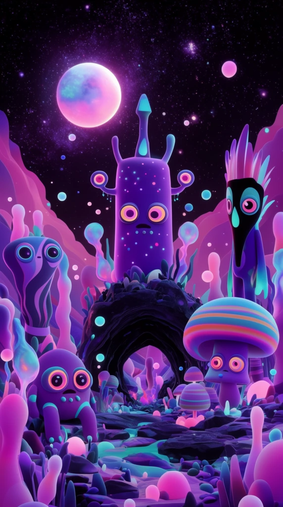 bioluminescent surreal alien landscape, whimsical 3D creatures with giant glowing eyes, central purple tower creature, round striped mushroom creature, tall masked creature, dark rocky archway, glowing celestial moon, starry night sky, neon pink and purple palette, cyan accents, floating glowing orbs, psychedelic stylized environment