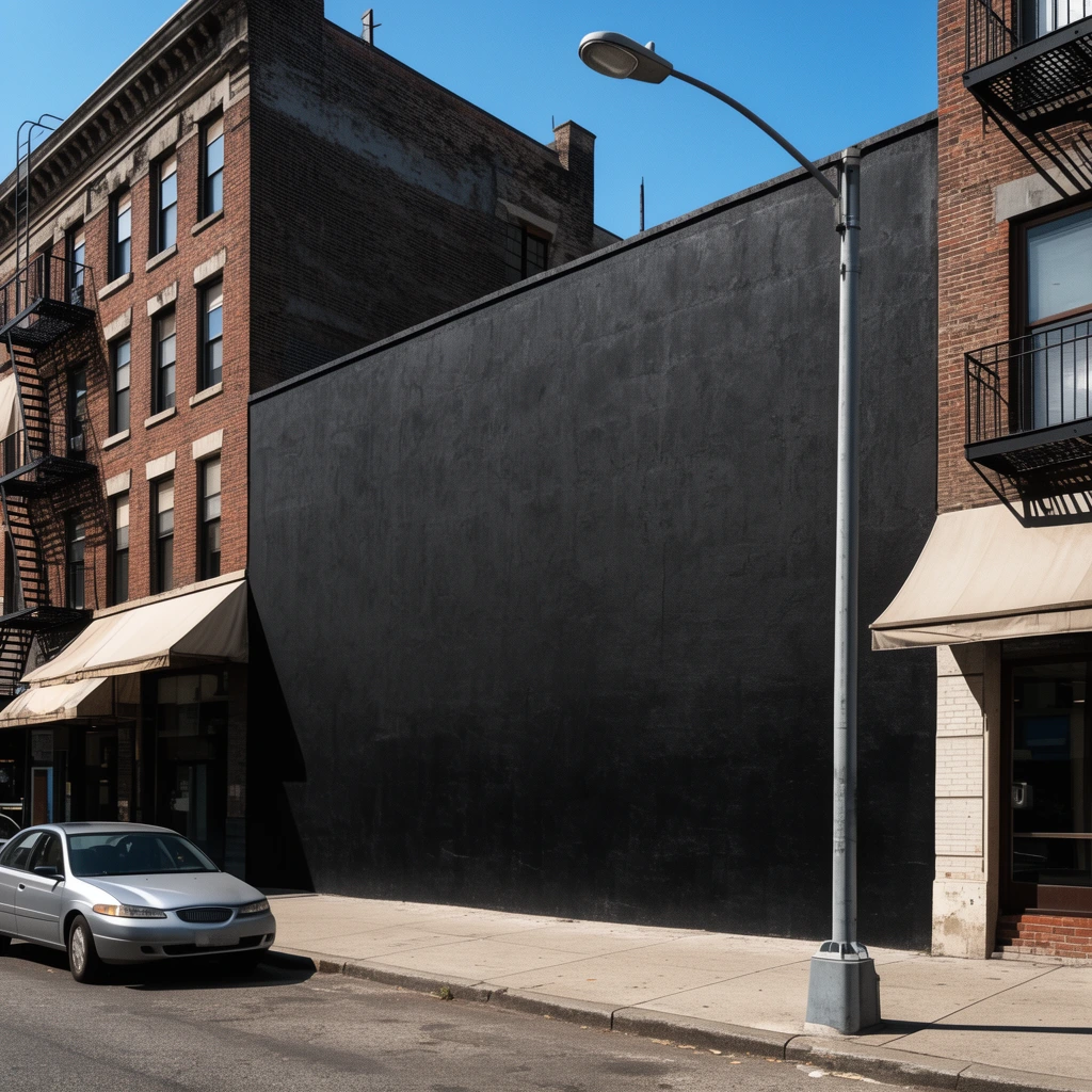 massive solid black flat wall on an urban street, concrete sidewalk in the foreground, parked silver sedan, tall metal street lamp pole, adjacent commercial brick buildings with fire escapes and canvas awnings, clear bright daylight, realistic street photography, wide angle shot