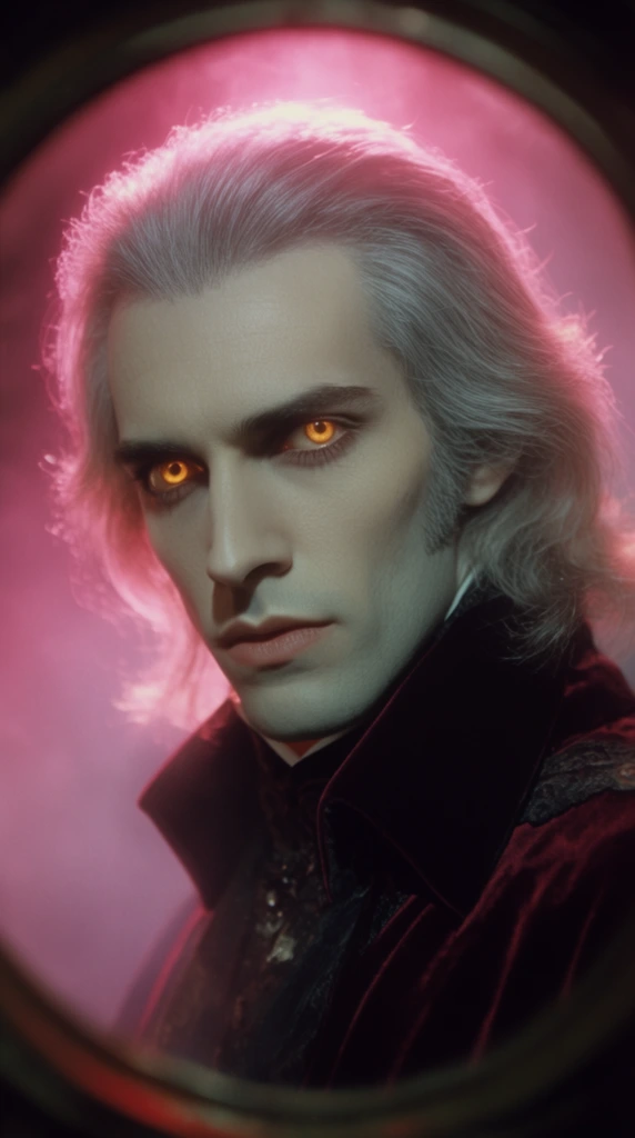 mysterious male vampire portrait, intense unwavering gaze, glowing amber eyes, sharp aristocratic features, pale skin, silver-white shoulder-length hair, dark velvet high-collared coat, dramatic theatrical pink and magenta lighting, atmospheric haze, soft luminous bloom, extreme close-up, framed within a dark circular vignette, 35mm cinematic lens, retro dark fantasy aesthetic