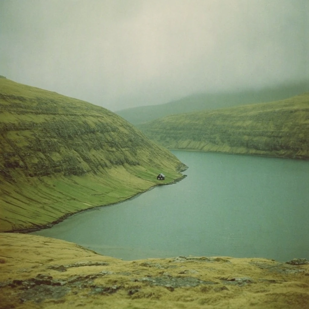A vast, atmospheric landscape featuring a winding body of muted teal water cutting through steep, terraced, grass-covered hills. On the lower slope of the prominent left hillside, a tiny, solitary dark-roofed house sits right at the shoreline. The immediate foreground consists of rough, yellowish-green terrain with rocky patches, leading toward the curving water. Heavy overcast skies and dense mist obscure the distant rolling mountains, blending the horizon into a soft gray haze. The composition relies on the sweeping curves of the landforms against the flat expanse of water, rendered with a vintage analog photography aesthetic characterized by desaturated greens, soft focus, and a slightly grainy texture.