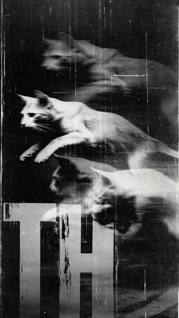 monochrome high-contrast silver gelatin print, a spectral cat and mouse lunging above large distressed typography, long exposure motion smear creating ghosted kinetic forms that overlap and dissolve, heavy analog film grain, deep chiaroscuro shadows, vertical emulsion scratches, white dust artifacts, chemical weathering, visceral motion-blurred silhouettes, a somber and haunting atmosphere, subjects rendered as layered ethereal shapes merging into a dense void of charcoal blacks.