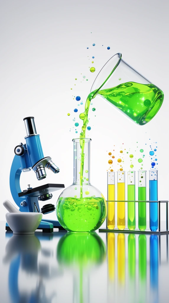 Vibrant 3D render of laboratory glassware on a highly reflective surface against a seamless bright background. A tilted beaker pours glowing neon green liquid into a round flask, with spherical droplets frozen in mid-air. The setup features a bright blue microscope, a white mortar and pestle, and a rack of test tubes holding luminous yellow, green, and blue fluids. Floating colored bubbles rise from the chemical solutions under crisp studio lighting, highlighting the glossy glass and vivid hues.