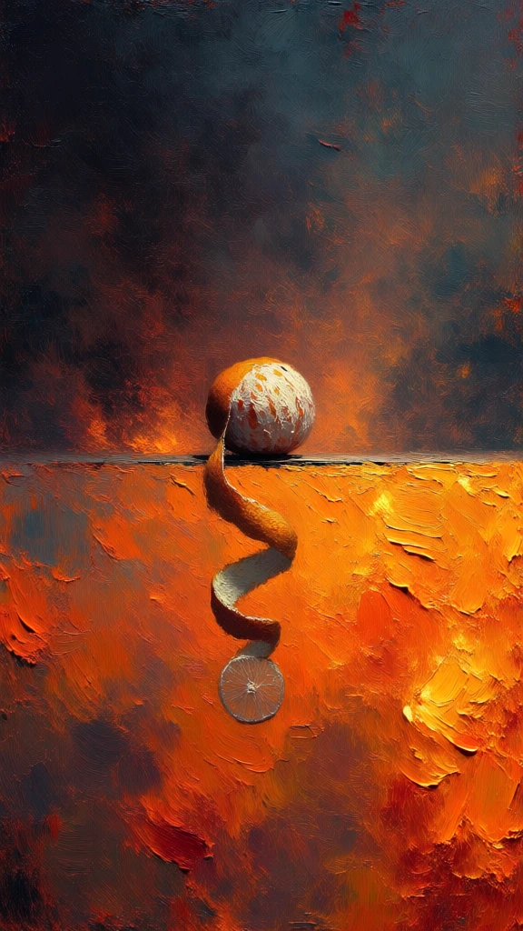 impasto oil painting, thick palette knife textures, heavy physical paint application, a lone peeled citrus fruit on a razor-sharp horizontal ledge bisecting the frame, a long hanging peel spiral ending in a single translucent slice, top half is a smoldering void of charcoal and deep indigo ash, bottom half is a luminous field of thick gestural strokes in fiery vermillion and cadmium orange, dramatic chiaroscuro, high-contrast atmospheric lighting, minimalist existential composition.