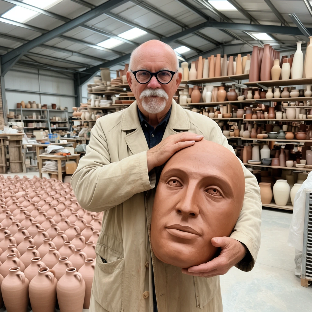 An older bald man with black glasses, a white mustache, and a goatee stands in a spacious pottery workshop, cradling a massive unpainted terracotta face sculpture against his beige coat. He gently supports the top and base of the oversized clay head. The brightly lit industrial warehouse features a high metal-beamed ceiling, a massive floor pile of uniform unbaked clay jugs on the left, and deep rows of shelving packed with assorted earthy ceramic vessels and tall vases.
