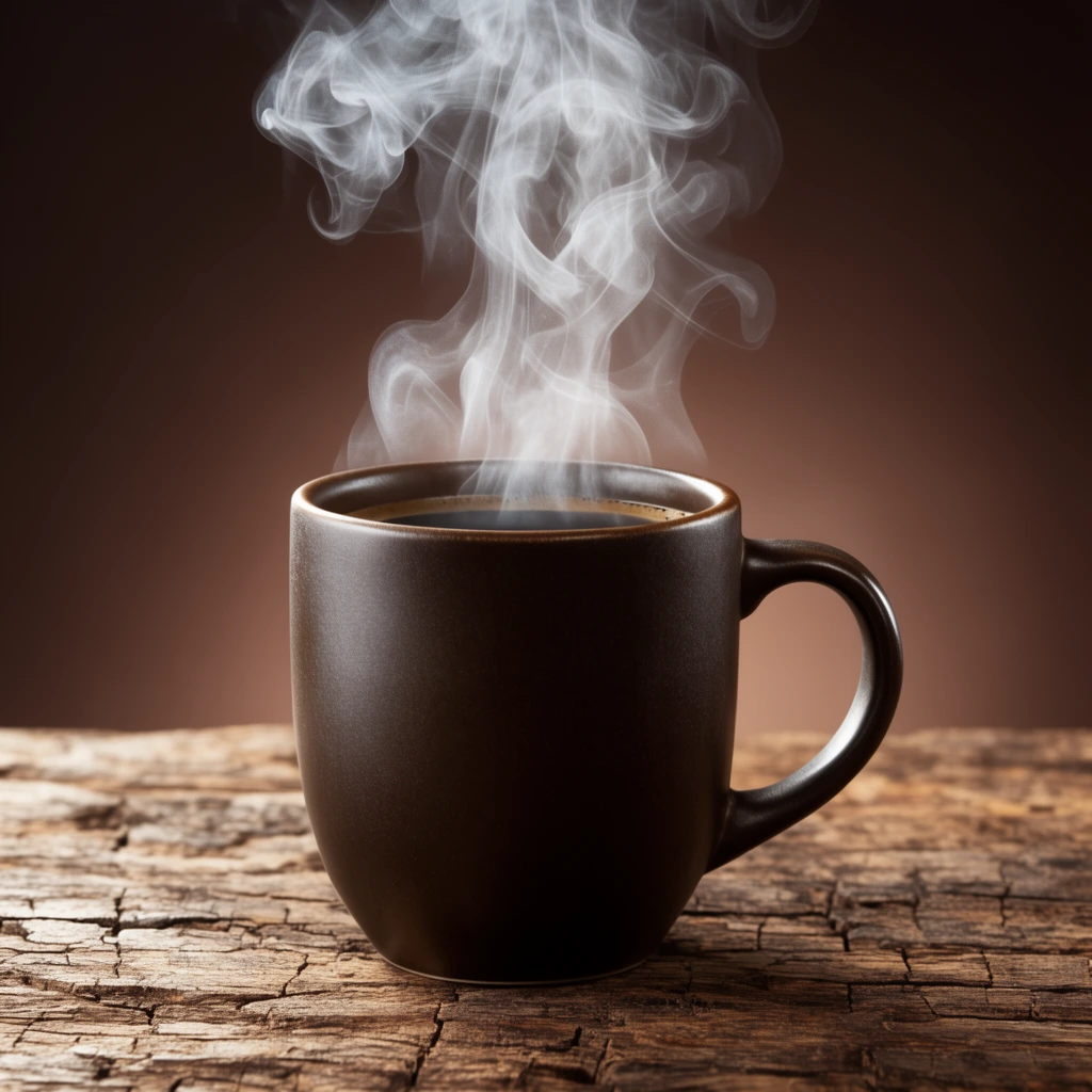 dark brown matte ceramic mug of coffee, thick swirling white steam rising, deeply textured cracked rustic wooden table, smooth dark mocha gradient background, warm directional lighting, shallow depth of field