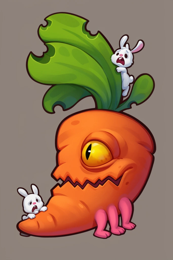 giant monstrous orange carrot creature, whimsical cartoon illustration, jagged horizontal mouth, single yellow reptilian eye, four short pink legs, leafy green top with bite marks, two tiny scared white bunnies, one hiding near the front tip, one clinging to the upper leaves, flat grayish-brown background, thick dark outlines, smooth digital shading, humorous fantasy concept art