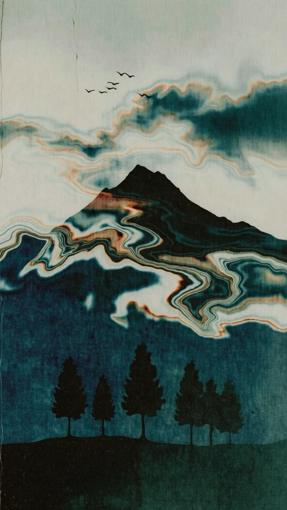 silhouette of a snow-capped mountain peak, five minimalist trees in the foreground, wispy clouds and a small flock of birds overhead, rendered in a heavily textured lo-fi aesthetic with deep indigo and cream tones, featuring liquid-marbled horizontal distortion that warps forms into undulating topographic ripples, high-noise film grain, chromatic aberration with burnt orange and teal fringing, flat graphic silhouettes, weathered paper texture, muted atmospheric mood