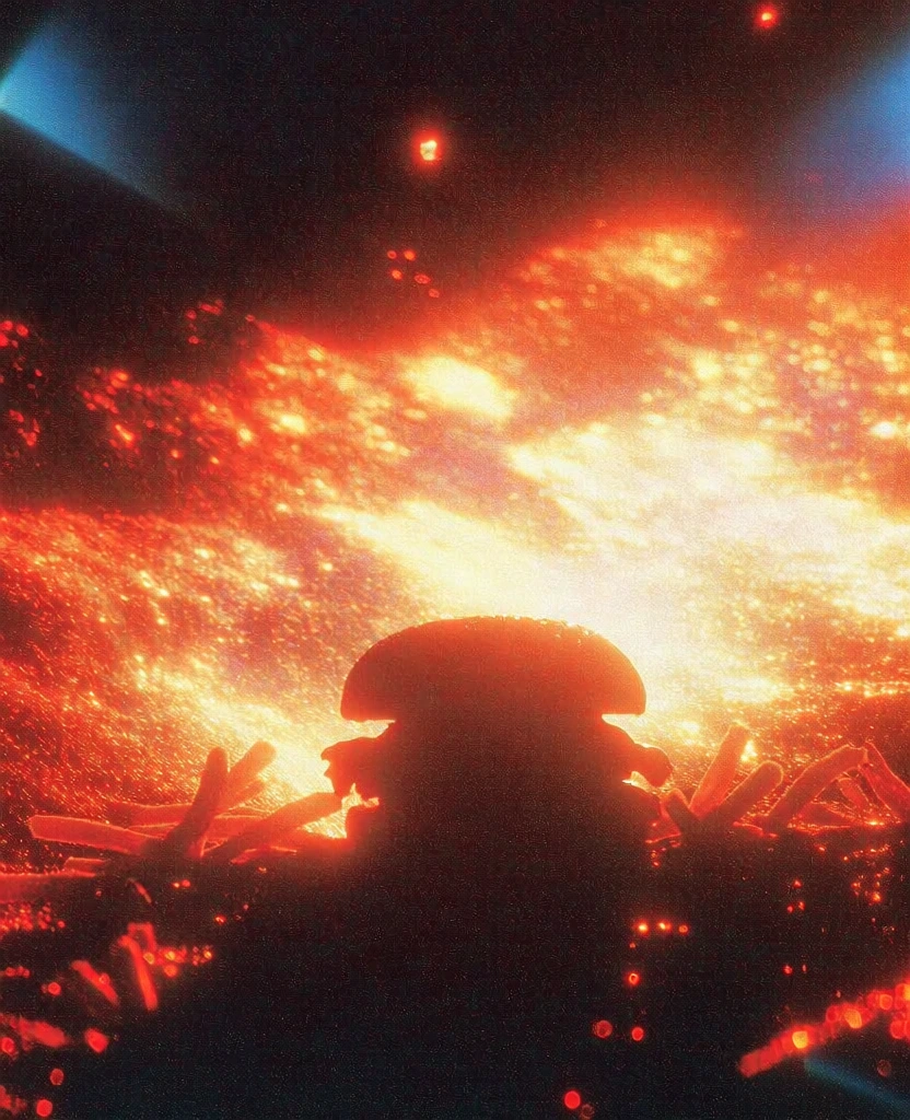 low-angle silhouette of a hamburger and scattered french fries amidst floating spheres and sharp geometric prisms, extreme incandescent backlight with heavy blooming, deep orange and fiery red monochromatic palette, high-contrast chiaroscuro against a black void, thick analog film grain, intense halation and soft-focus glow, retro-futuristic lo-fi aesthetic, impressionistic light orbs mimicking a field of embers, 70s cinematic grain, dreamlike hazy textures, ethereal lens flare.