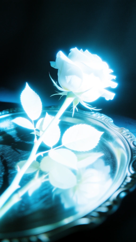 stark white overexposed single rose with stem, positioned diagonally on a metal tray with an ornate decorative rim, intense electric cyan volumetric bloom, radiant ethereal glow emanating from the flora, high-contrast silhouette against a grainy pitch black background, heavy film noise, soft-focus diffusion, luminous reflection of the rose on the tray's metallic surface, fuzzy halo edges, atmospheric light bleed, high-signal digital texture.