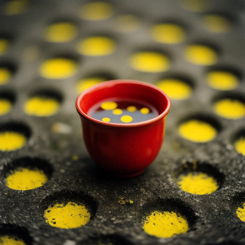 selective color treatment, a single cup containing liquid centered on a textured surface covered in round spots of light, cup is vibrant crimson red, spots of light and liquid are saturated cadmium yellow, background is a desaturated monochromatic greyscale field, high-contrast color separation, shallow depth of field with soft bokeh, natural overcast lighting, gritty film grain, surreal painterly atmosphere, tactile texture