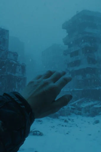 Frozen Industrial Dystopia style reference image — monochromatic cyan and teal lighting