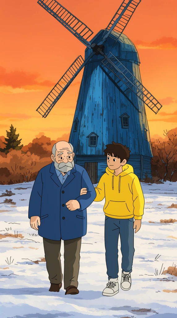 An elderly man in a blue coat and a teenage boy in a yellow hoodie walk together across a snow-covered field. The boy gently holds the man's arm. Behind them, a tall, weathered blue windmill stands against an orange sunset sky. The 2D animated scene features crisp linework and warm flat coloring.
