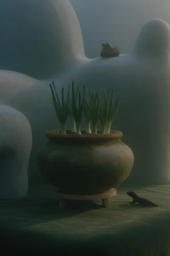 Ethereal Verdant Surrealism style reference image — minimalist brutalist architecture