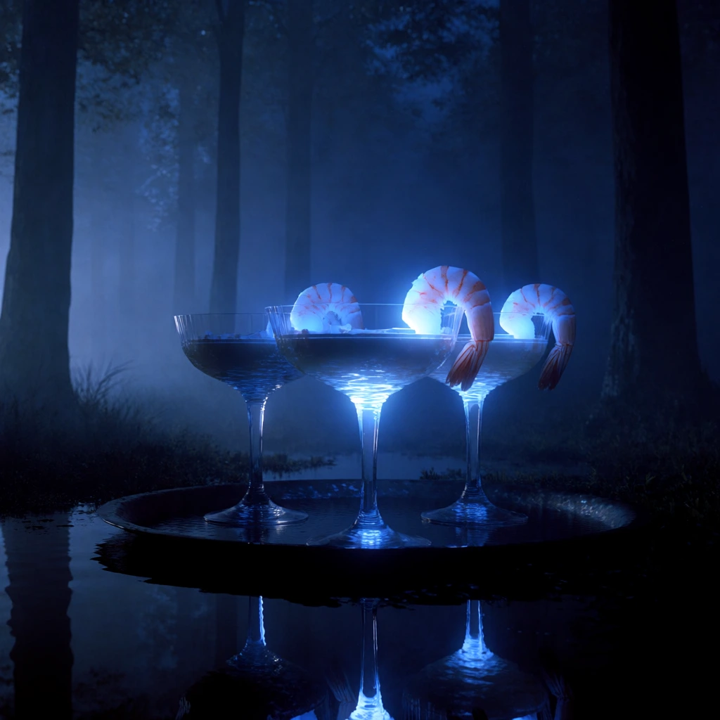 cinematic close-up of three elegant glass coupes with shrimp cocktails on a dark tray, set in a misty nocturnal forest, bioluminescent blue glow emanating from the shrimp, ethereal cyan light illuminating the glassware, deep monochromatic blue and navy color palette, soft hazy atmosphere with thick fog between silhouetted tree trunks, crisp mirror-like reflections in a dark pool of water, moody mysterious aesthetic, high-contrast lighting, ethereal white-blue highlights, realistic textures