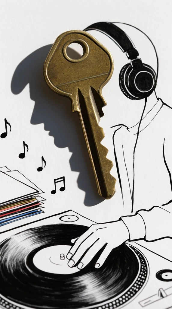 Mixed-media trompe l'oeil illustration on white paper combining a physical brass key and minimalist black ink. Sharp directional lighting casts a prominent key shadow that cleverly forms the silhouette of a human face. Black ink lines complete the optical illusion, depicting a DJ wearing headphones with one hand spinning a vinyl turntable. Floating musical notes and record sleeves surround the figure in this high-contrast top-down composition.